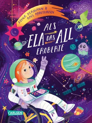 Buchcover mit Mädchen im Rollstuhl im Astronautenanzug im Weltall